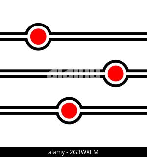 Schema a strisce vettoriali senza giunture. Strisce nere che scorrono attorno a cerchi rossi isolati su sfondo bianco. I punti rossi sono circondati da linee. geomet colore Illustrazione Vettoriale