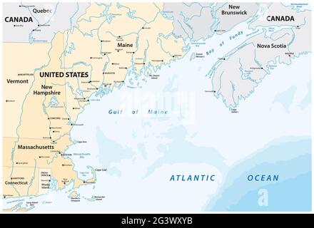 Mappa vettoriale del mare marginale nordamericano, Golfo del Maine, Canada, Stati Uniti Foto Stock