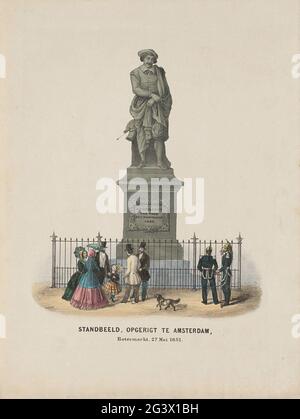 Statua, descrizione in Amsterdam, Botermarkt, 27 maggio 1852. La statua di Rembrandt al mercato del burro allora, ora (dal 1876) Rembrandtplein, rivelato il 27 maggio 1852. Con visitatori diversi, sulla destra due kurassiers. Foto Stock