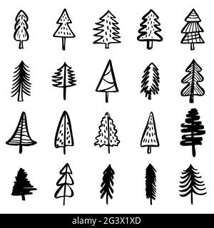 Natale Doodle alberi di abete set disegnati a mano. Elementi di disegno vettoriali semplici stilizzati. Collezione di decorazioni per le vacanze invernali. pi isolato in bianco e nero Illustrazione Vettoriale