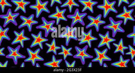 Motivo a stella. Motivo senza cuciture con stelle alla moda. Tema spazio. Colori dell'arcobaleno. Orgoglio. Illustrazione Vettoriale