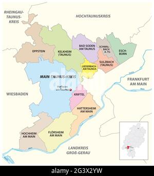 Mappa amministrativa vettoriale Main-Taunus-Kreis, Assia, Germania Foto Stock