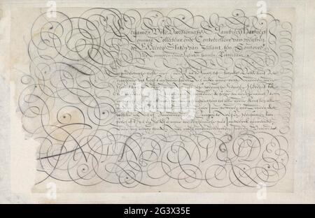 Ontwerp van een schrijfvoorbeeld: Eersame wyse voorsienighe (...); Spieghel der schrijfkonste. Lambrecht Hartgerts Commis, collecteur ende contrerolleur van weghen de e Heeren Staten van Zeelant, ten kontoire der convoyen ende licenten binnen Rotterdam. Daaronder in een andere letter negen regels tekst in het Nederlands: De sonderlnghe liefde ... De tekst è omlijst porta krulwerk. Onderaan de naam van Jan van de Velde in hoofdletters. De tekening maakt deel uit van een album. Foto Stock