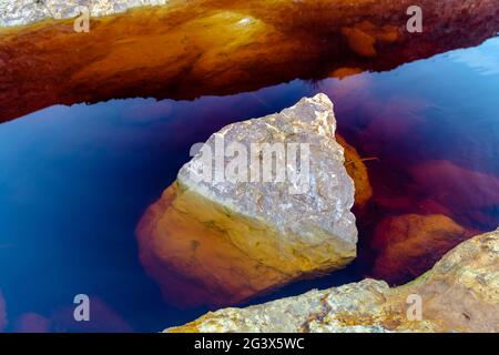 Una vista astratta di un letto di fiume in una miniera abbandonata area con depositi di minerali e metalli in acque poco profonde Foto Stock