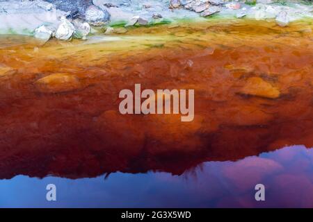 Una vista astratta di un letto di fiume in una miniera abbandonata area con depositi di minerali e metalli in acque poco profonde Foto Stock