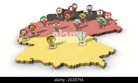 I 16 stati federali tedeschi come puntini di navigazione sulla mappa della Germania Foto Stock