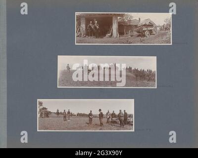 Soldati in un fienile con un rimorchio in Francia. Parte dell'album fotografico di un Esercito nel sud-ovest della Francia nel 1902. Foto Stock