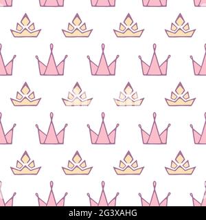Carino corone di doodle pastello e diademi. Modello senza giunture Horizintal. Mano disegnata girly ripetere lo sfondo per la principessa. Per inviti e biglietti per compleanni e feste. Ideale per tessuti, involucri, scrapbooking o carta da parati. Illustrazione Vettoriale
