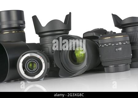 DSLR, obiettivi e teleconvertitore Foto Stock