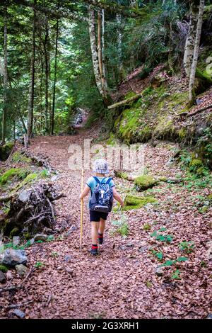 Bambino a piedi su un sentiero di montagna, escursione nella Valle di Aure vicino Tramezaigues, nel dipartimento degli alti Pirenei (Pirenei superiori, Francia sud-occidentale) Foto Stock