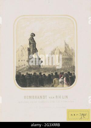 Rembrandt van Rhijn. Inaugurazione della statua 27 maggio 1852 ad Amsterdam. Cerimonia alla divulgazione della statua di Rembrandt all'allora mercato del burro, ora (dal 1876) Rembrandtplein ad Amsterdam, il 27 maggio 1852. In primo piano una folla di persone. Foto Stock