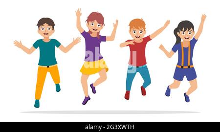 Felici i bambini che saltano, i ragazzi e le ragazze hanno divertimento, i personaggi in stile cartoon. Illustrazione vettoriale Foto Stock