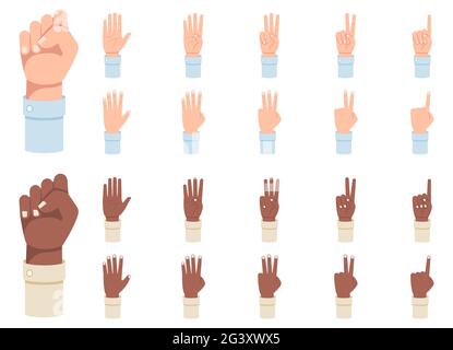 Conteggio delle dita. Un set di mani con conteggi sulle dita da uno a cinque illustrazioni vettoriali. Foto Stock