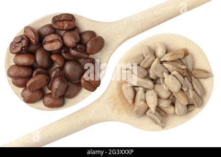Chicchi di caffè e semi di girasole Foto Stock