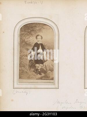 Produzione fotografica di un ritratto dipinto di Napoleone Eugéne, principe ereditario di Francia, con il cane. Parte dell'album fotografico con 123 Cartes-de-Visite di membri di case reali europee, politici e personaggi famosi. Foto Stock