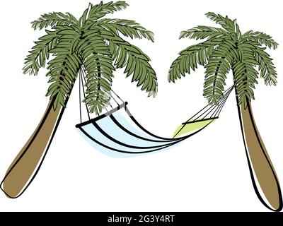 Doodle schizzo palme con amaca e riempimento colore. Design semplice adatto per la creazione di biglietti d'auguri. Illustrazione vettoriale. Illustrazione Vettoriale