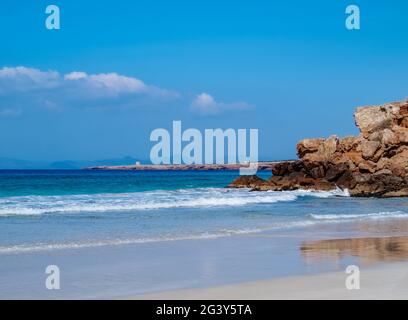 Spiaggia Cala Saona, Formentera, Isole Baleari, Spagna Foto Stock