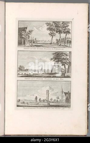 Si affaccia sullo Spaarne e Huis ter Kleef; guarda lo Zuider Spaarne a Schiener / guarda 't Noorder Spaarne, presso il cancello / attuale stand di 't Huis ter Kleef 1761. Tre spettacoli. Sopra: Vista dello Zuider Spaarne. Medio: Vista del Noorder Spaarne. Sotto: Vista della rovina di Casa Ter Kleef. Questa stampa fa parte di un album. Foto Stock