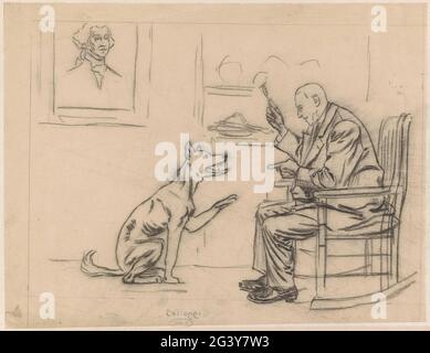 Disegno per illustrazione nell'Amsterdam dammer: Un uomo seduto tiene un cane uno spuntino prima (9 agosto 1919). Progettare una stampa. Foto Stock