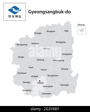 Mappa amministrativa vettoriale della provincia sudcoreana di Gyeongsangbuk-do con bandiera Foto Stock