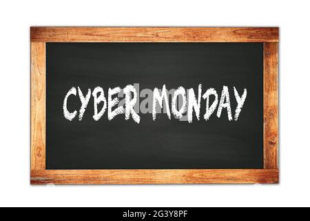 TESTO DEL CYBER MONDAY scritto su lavagna nera con cornice in legno. Foto Stock