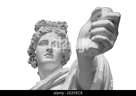 Dio Apollo busto scultura. Antico dio greco del Sole e Poesia copia in pietra di una statua in marmo isolata su bianco Foto Stock