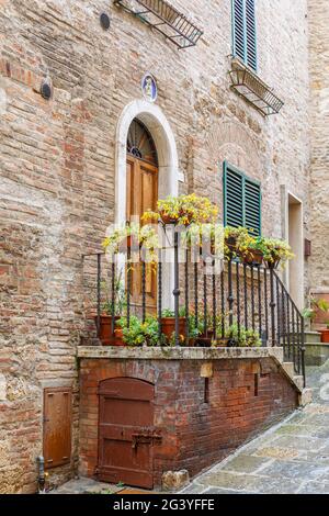 Vasi di fiori e scatole di fiori su una scala a a. casa Foto Stock