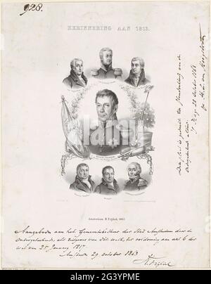 Promemoria dell'arrivo del gelo sovrano, 1813-1863; Promemoria del 1813 .. Commemorazione nel 1863 del 50° anniversario del ritorno del Principe Willem i Frederik come Souverein Vorst nei Paesi Bassi nel 1813. Centrale il ritratto di Willem i Frederik. Inoltre, i ritratti dei tre incroci: Van Hogendorp, Van Limburg Stirum e Van Der Duyn Van Maasdam. Compresi i ritratti di: Scholten, Kemper e Van Brienen van Ramerus. Foto Stock