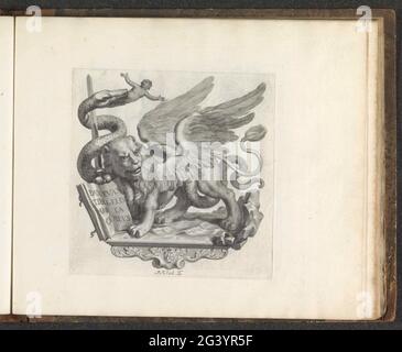 Allegoria sulla battaglia tra Venezia e Milano; Numismata virorum illustrium ex Barbadica gente. Il leone alato di San Marco è su una console. A sua spada, un biscione, un drago o un serpente che un uomo adirò. Si tratta dello stemma dei Visconti, il nobile genere italiano che Milano ha guidato. La stampa fa parte di un album. Foto Stock