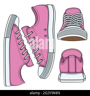 Set di illustrazioni con sneaker rosa. Oggetti vettoriali isolati su sfondo bianco. Illustrazione Vettoriale