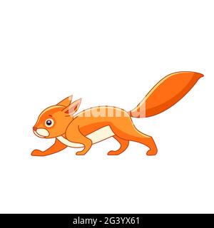 Simpatico scoiattolo rosso che cammina. Carattere cartoon di un piccolo animale mammifero. Una creatura selvaggia della foresta con pelliccia rossa arancione. Vista laterale. Vettore in stile piatto Illustrazione Vettoriale