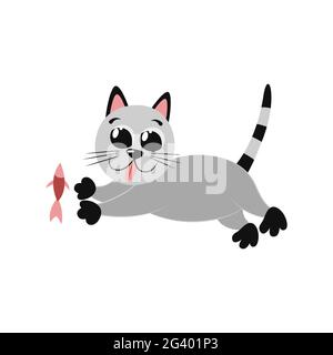 Divertente gatto grigio cartoon corre con la sua lingua fuori. Delizioso pesce di salmone. Pranzo per animali domestici. Fresco piatto illustrazione di carino gattino. Personaggio Mascot Illustrazione Vettoriale