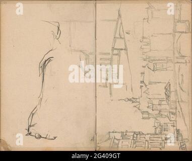 Cavallo e un volto sul Rokin ad Amsterdam. Sopra un cavallo. Sotto una faccia sul Rokin ad Amsterdam all'altezza dell'ampio vicolo della cappella con la torre della menta in lontananza. Pagina 27 e pagina 28 da un quaderno di 46 fogli prodotto ad Amsterdam, Rotterdam e Haarlem. Foto Stock