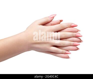 Mani femminili con manicure professionale naturale perfetta unghie isolato su sfondo bianco Foto Stock