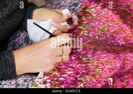 Dipingere le foto finite dopo i numeri stampati sulla tela. Hobby. Foto Stock
