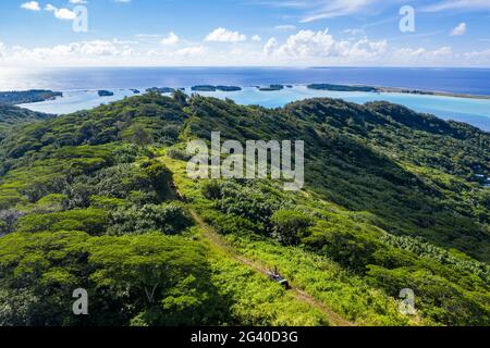 Vista aerea dei veicoli fuoristrada quadrupli su strade sterrate attraverso la lussureggiante vegetazione di montagna, Bora Bora, Isole Leeward, Polinesia francese, Pacifico meridionale Foto Stock