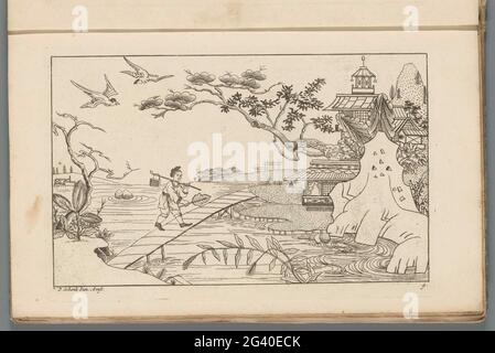 Figura cinese sul ponte sul fiume; nuovo sinesen convertito, con grande Moeyte progettato e dato in esso, da P: Schenk Jun (...), prima parte. Una figura cinese corre con una valigia su un bastone sopra la spalla e con una foglia in mano su un ponte su un fiume. Sulla destra sulla riva edifici. Stampa fa parte di un album. Foto Stock