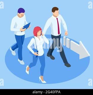 Concetto di successo aziendale isometrico. Imprenditore uomo di affari leader. Il giovane uomo d'affari indicò la direzione che stava dirigendo. Avviare un nuovo a. Illustrazione Vettoriale