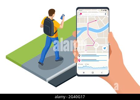 Concetto di navigazione GPS isometrica. I turisti che viaggiano utilizzando il suo smartphone con i luoghi preferiti precedentemente salvati sulla mappa. Mappa della città navigazione itinerario Illustrazione Vettoriale