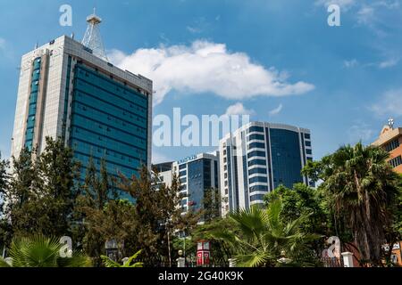 Palme e alti edifici di uffici nel centro della città, Kigali, provincia di Kigali, Ruanda, Africa Foto Stock