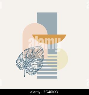 Vector Botanical background Decorative Layout. Foglia di palma monstera disegnata a mano con forme geometriche astratte. Design d'arte contemporanea per copertina, parete Illustrazione Vettoriale