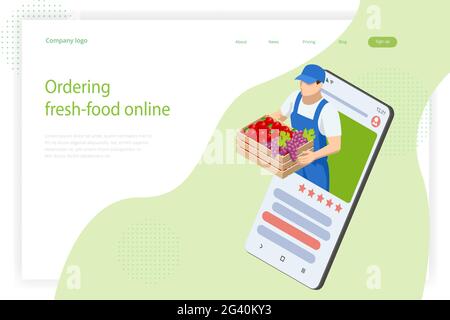Negozio di alimentari online. Prodotti freschi biologici. Cibo isometrico biologico fattoria Illustrazione Vettoriale