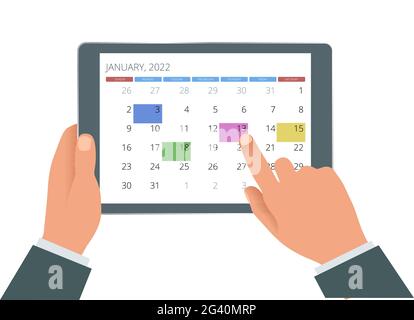 Calendario Planner per il 2022. Mano con un tablet con un calendario, piani di un mese. Modello di stampa del progetto. Set di 12 pagine di calendario. Illustrazione Vettoriale