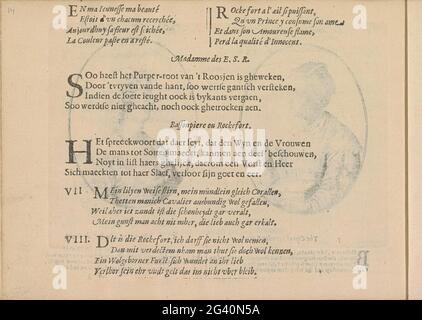 Quatters ai ritratti dei Courtisanes chiamato Madame E.S.R. e Bassonpiere o Rockefort; Miroir des Plus Belles Courtisanes i Temps CE. Tre volte due quatrini in francese, olandese e tedesco ai ritratti dei Courtisanes Madame E.S.R. e Bassonpiere o Rockefort. La rivista fa parte di un album. Foto Stock