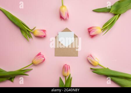 Una busta con una cartolina è disposta al centro su uno sfondo rosa e tulipani rosa sono disposti in un cerchio. Concetto di primavera, giorno della madre, Wom Foto Stock