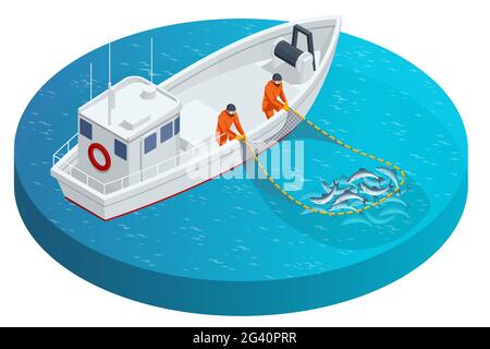 Goletta da pesca isometrica, barca da pesca o nave. Pescatori che tirano su una rete riempita di pesce. Pesca in mare, industria marittima navale, barca di pesce Illustrazione Vettoriale