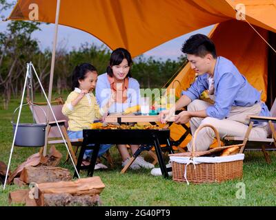 Una famiglia felice di tre barbecue nel parco foto di alta qualità Foto Stock