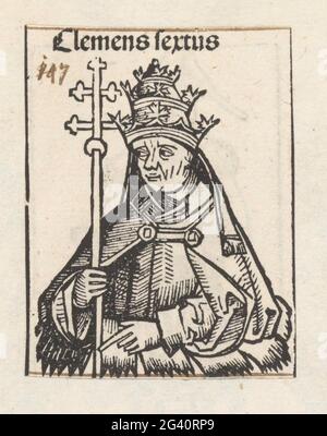 Papa Clemens VI; Clemens sestus; Liber cronicarum. Un celco di fiori con un papa. Indossa una tiara e ha un bastone con doppia croce nelle mani. Lo spettacolo fa parte della sequenza pop nel Liber Chronicarum. Il testo identifica l'uomo come clemens vi. La stampa fa parte di un album. Foto Stock