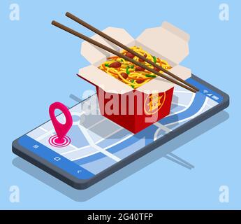 Isometric consegna in linea cibo Stir-fritto Noodles, Chow Mein, cucina cinese. Il riquadro Asian Noodle viene visualizzato sullo smartphone. Illustrazione Vettoriale