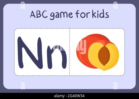 Minigiochi di alfabeto capretto in stile cartoon con lettera N - nettarina. Illustrazione vettoriale per la progettazione del gioco - taglio e gioco. Imparare abc con carte flash frutta e verdura. Illustrazione Vettoriale